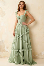 Johanna Sage Green Chiffon Cutout Ruffles Maxi Dress