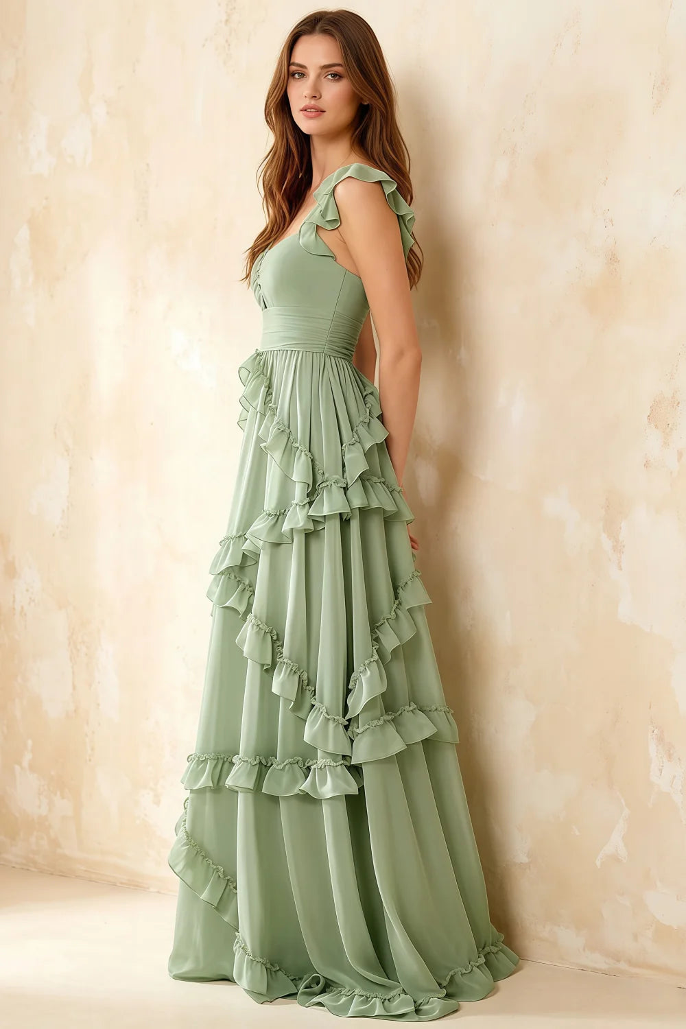 Johanna Sage Green Chiffon Cutout Ruffles Maxi Dress