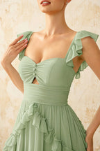Johanna Sage Green Chiffon Cutout Ruffles Maxi Dress