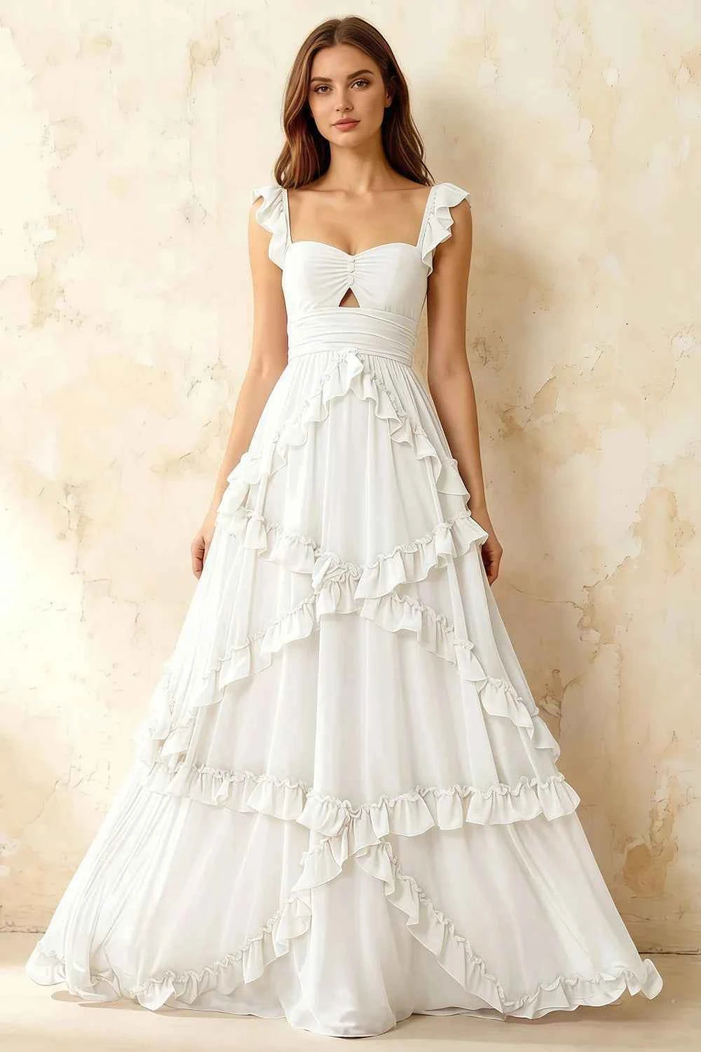 Johanna White Chiffon Cutout Ruffles Maxi Dress