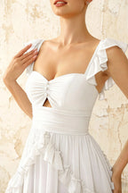 Johanna White Chiffon Cutout Ruffles Maxi Dress