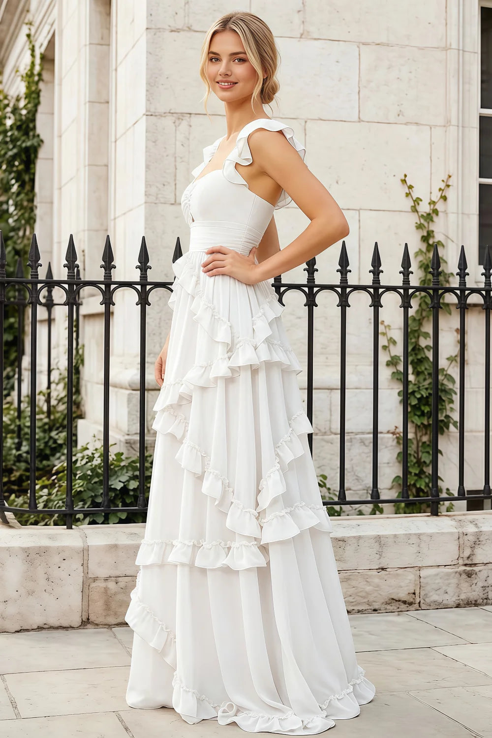 Johanna White Chiffon Cutout Ruffles Maxi Dress