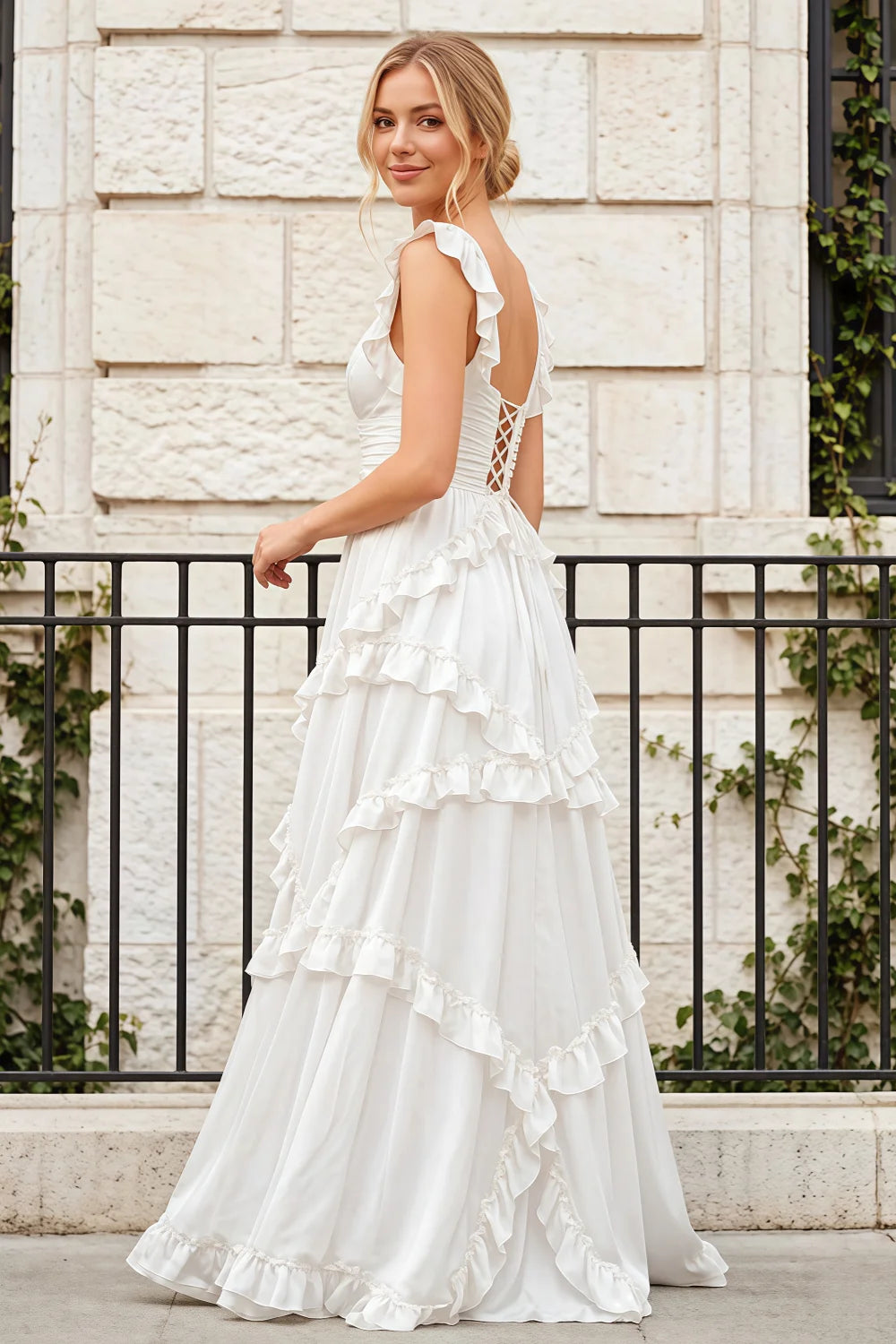 Johanna White Chiffon Cutout Ruffles Maxi Dress