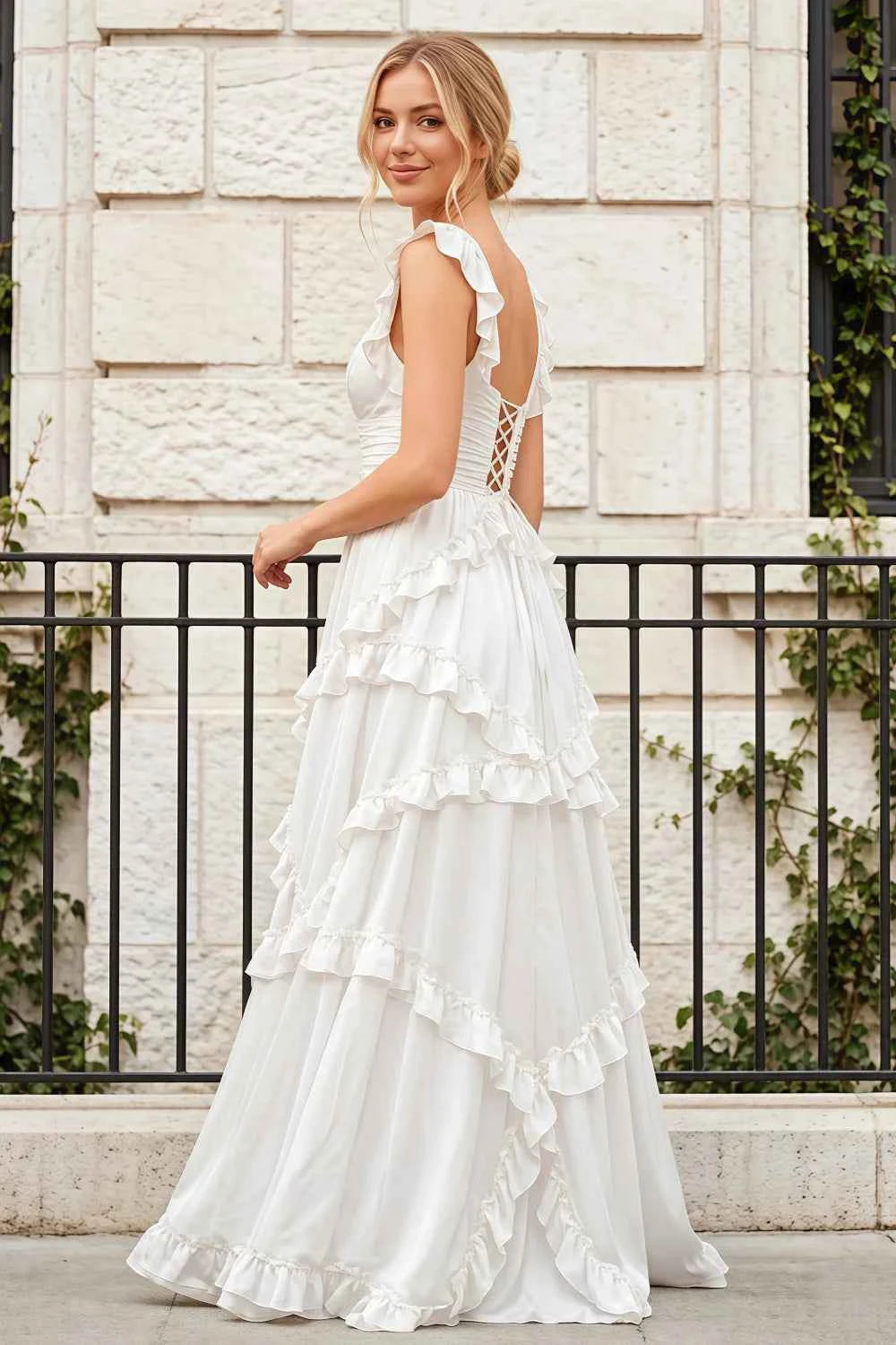 Johanna White Chiffon Cutout Ruffles Maxi Dress
