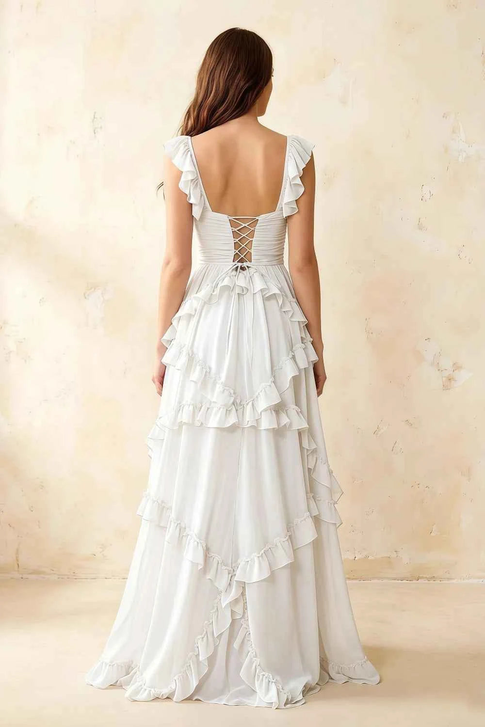 Johanna White Chiffon Cutout Ruffles Maxi Dress