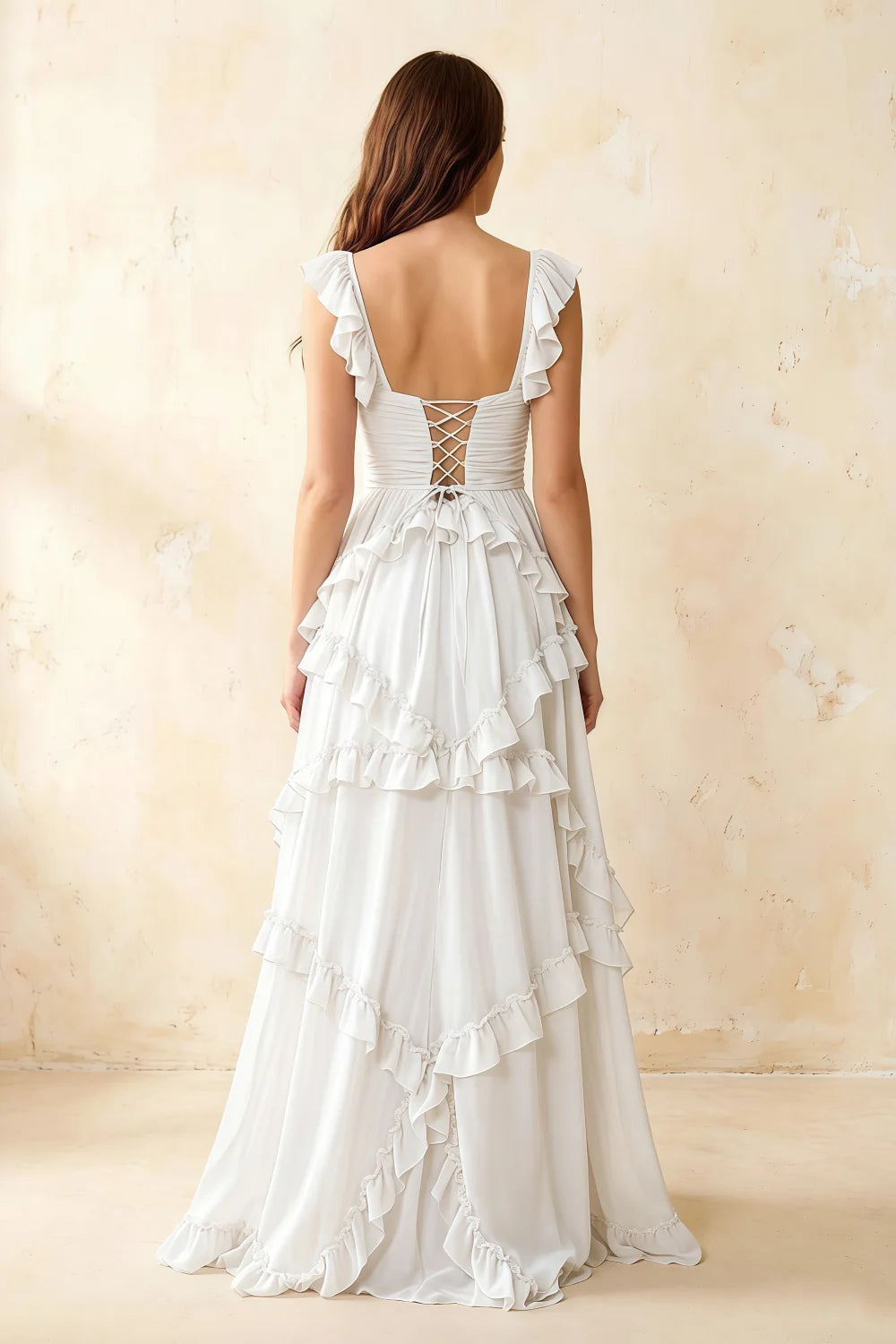 Johanna White Chiffon Cutout Ruffles Maxi Dress