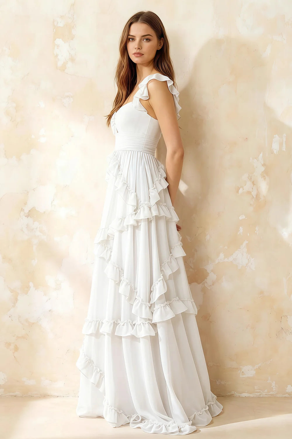 Johanna White Chiffon Cutout Ruffles Maxi Dress