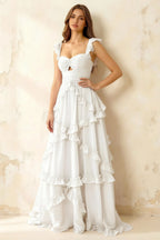 Johanna White Chiffon Cutout Ruffles Maxi Dress