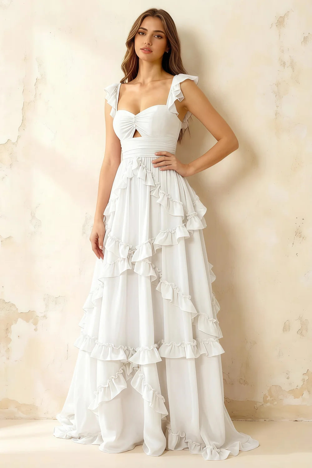 Johanna White Chiffon Cutout Ruffles Maxi Dress