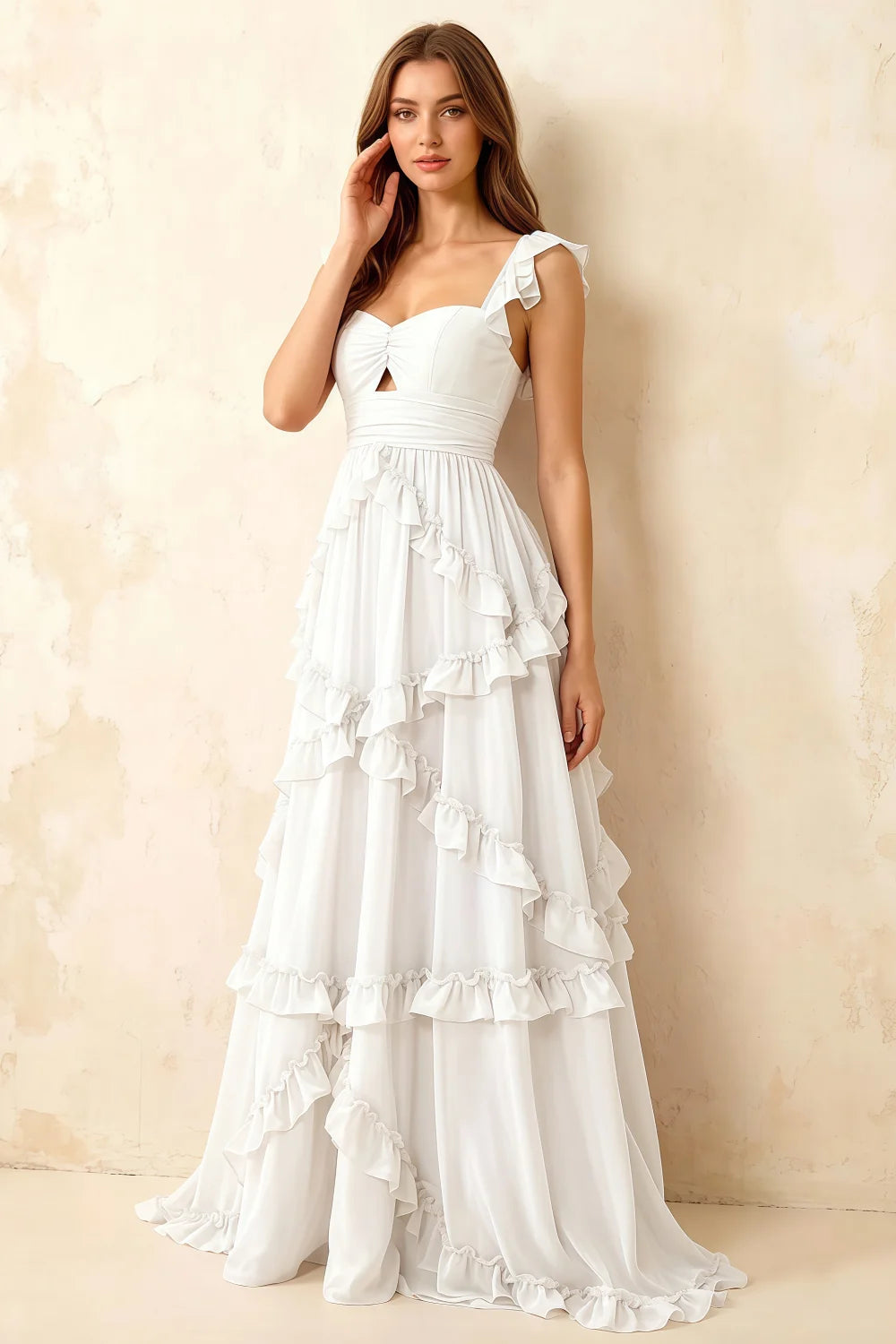 Johanna White Chiffon Cutout Ruffles Maxi Dress