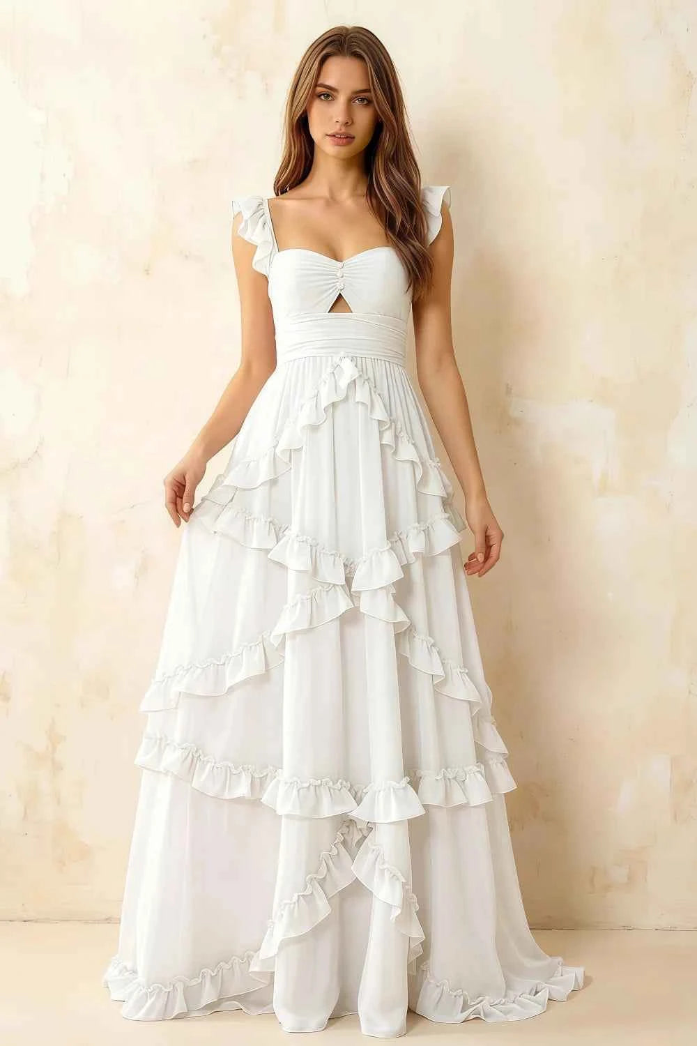 Johanna White Chiffon Cutout Ruffles Maxi Dress