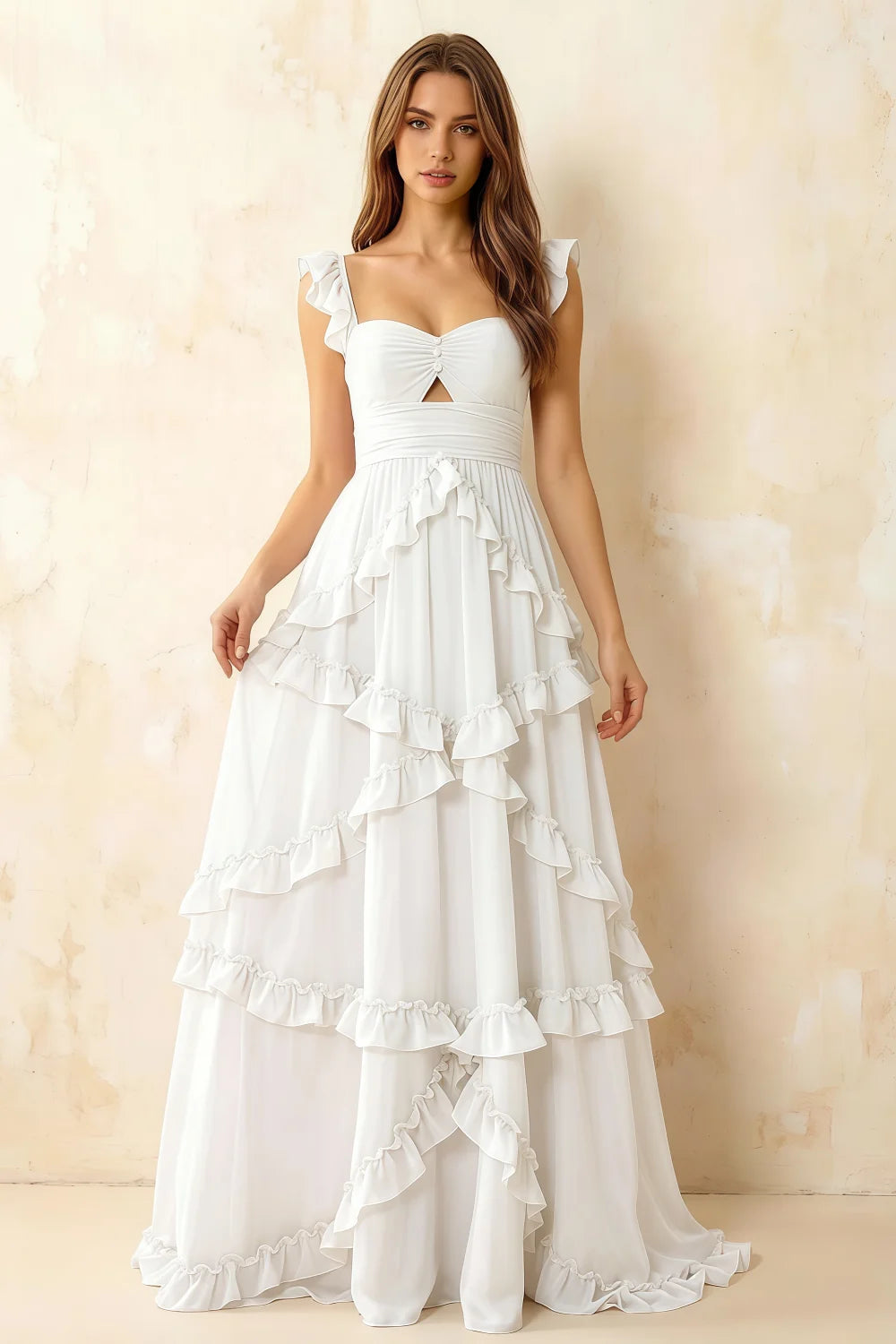 Johanna White Chiffon Cutout Ruffles Maxi Dress