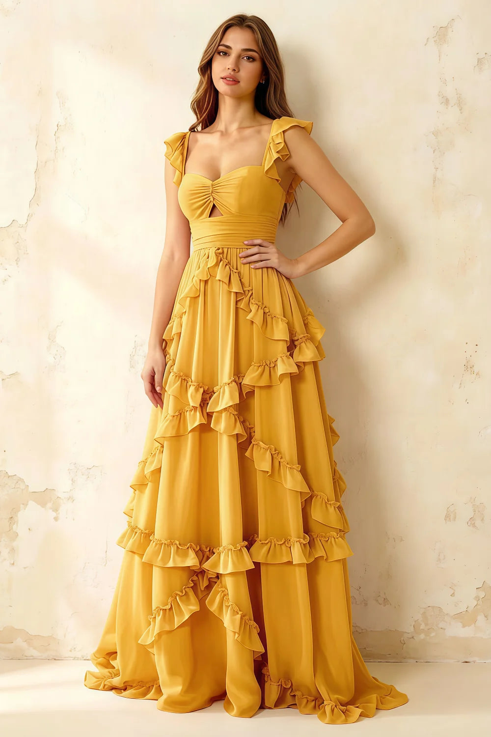 Johanna Yellow Chiffon Cutout Ruffles Maxi Dress