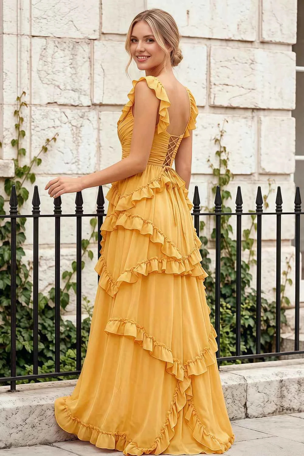 Johanna Yellow Chiffon Cutout Ruffles Maxi Dress Secondary image