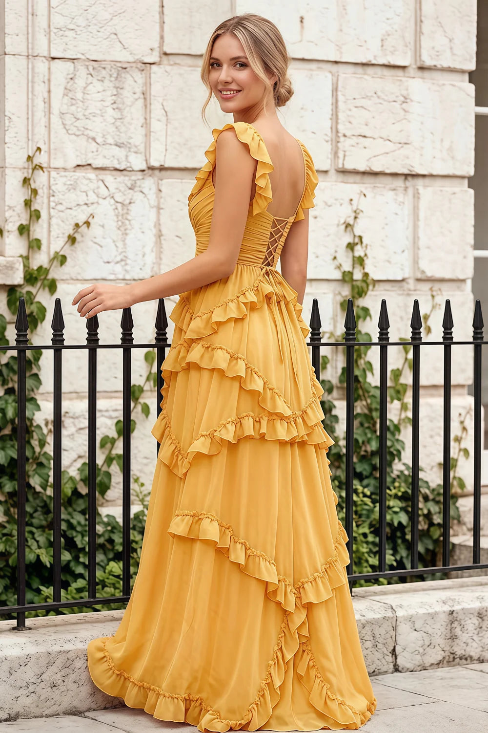 Johanna Yellow Chiffon Cutout Ruffles Maxi Dress