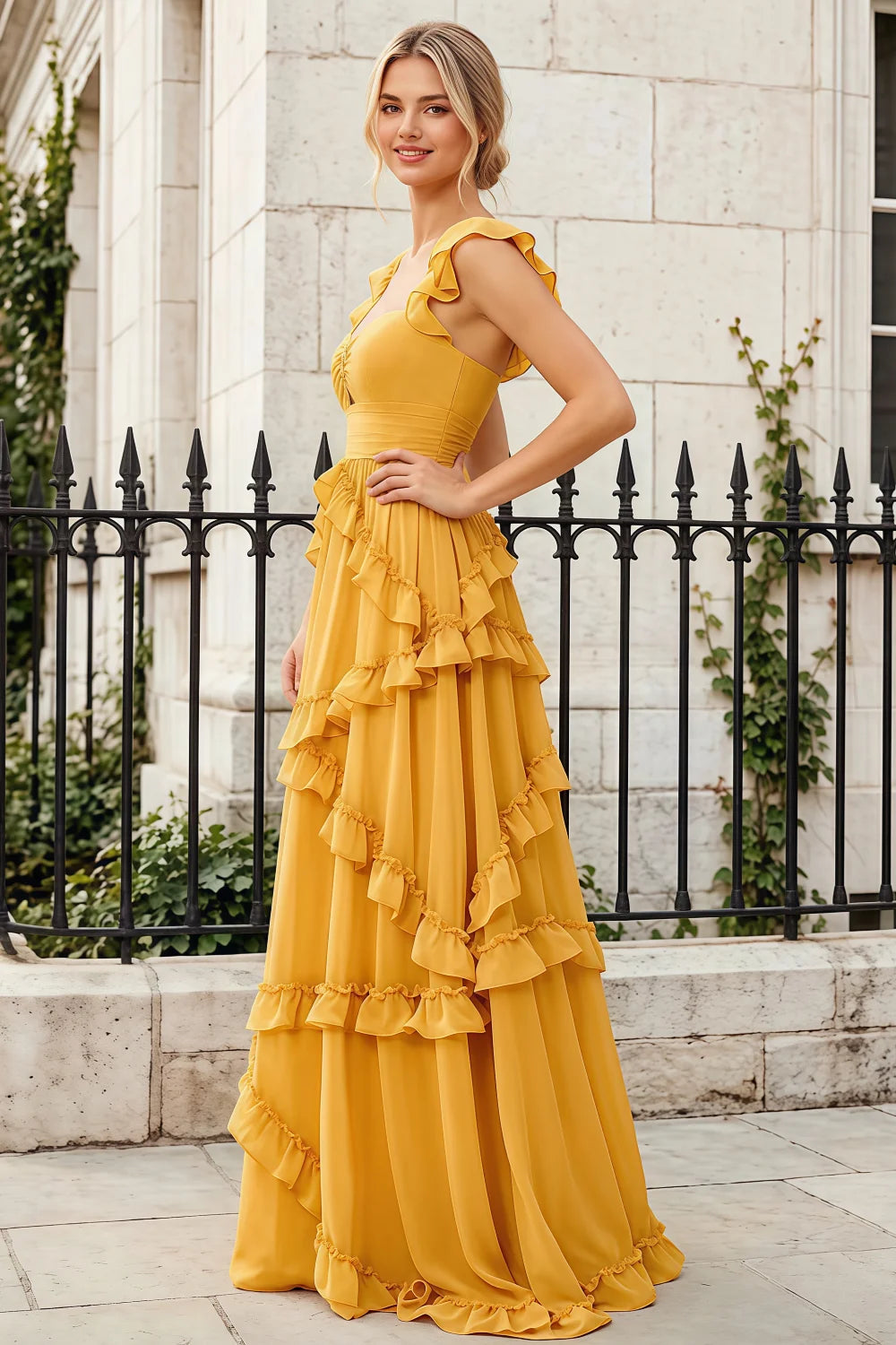Johanna Yellow Chiffon Cutout Ruffles Maxi Dress