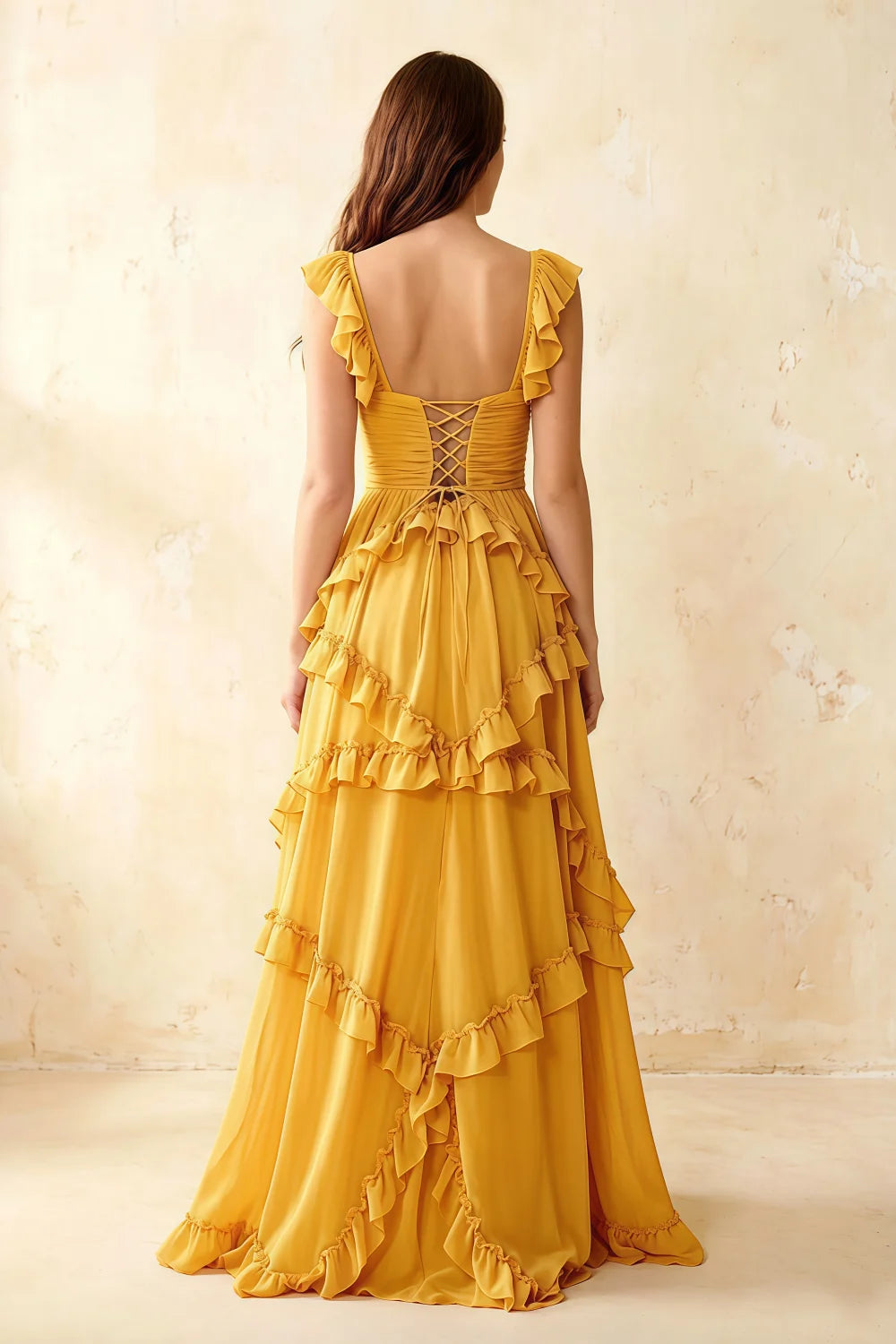 Johanna Yellow Chiffon Cutout Ruffles Maxi Dress