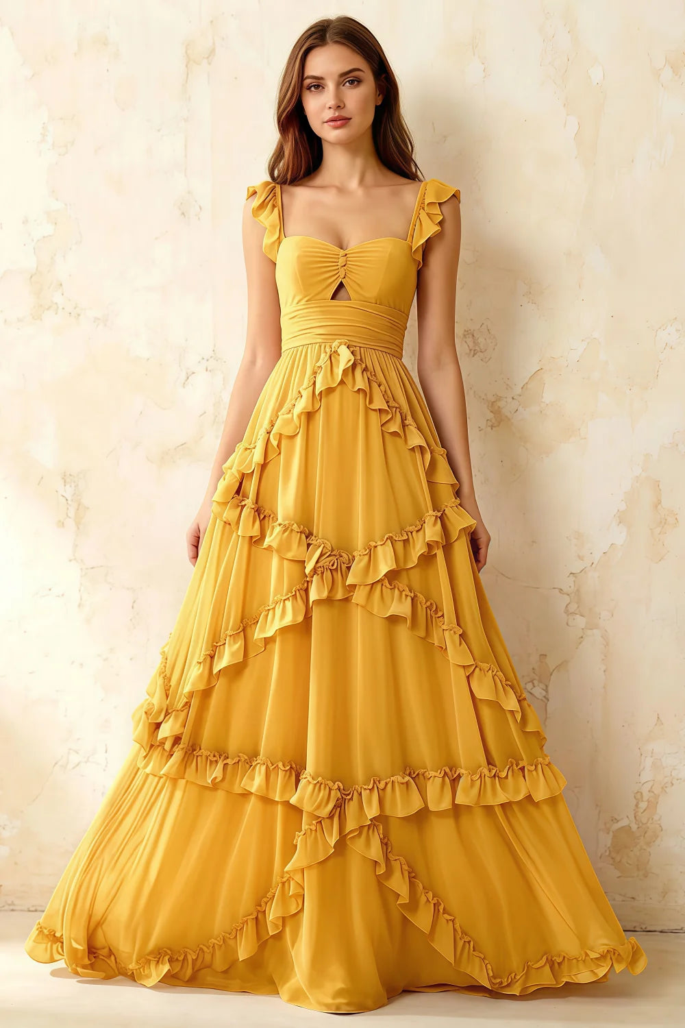 Johanna Yellow Chiffon Cutout Ruffles Maxi Dress
