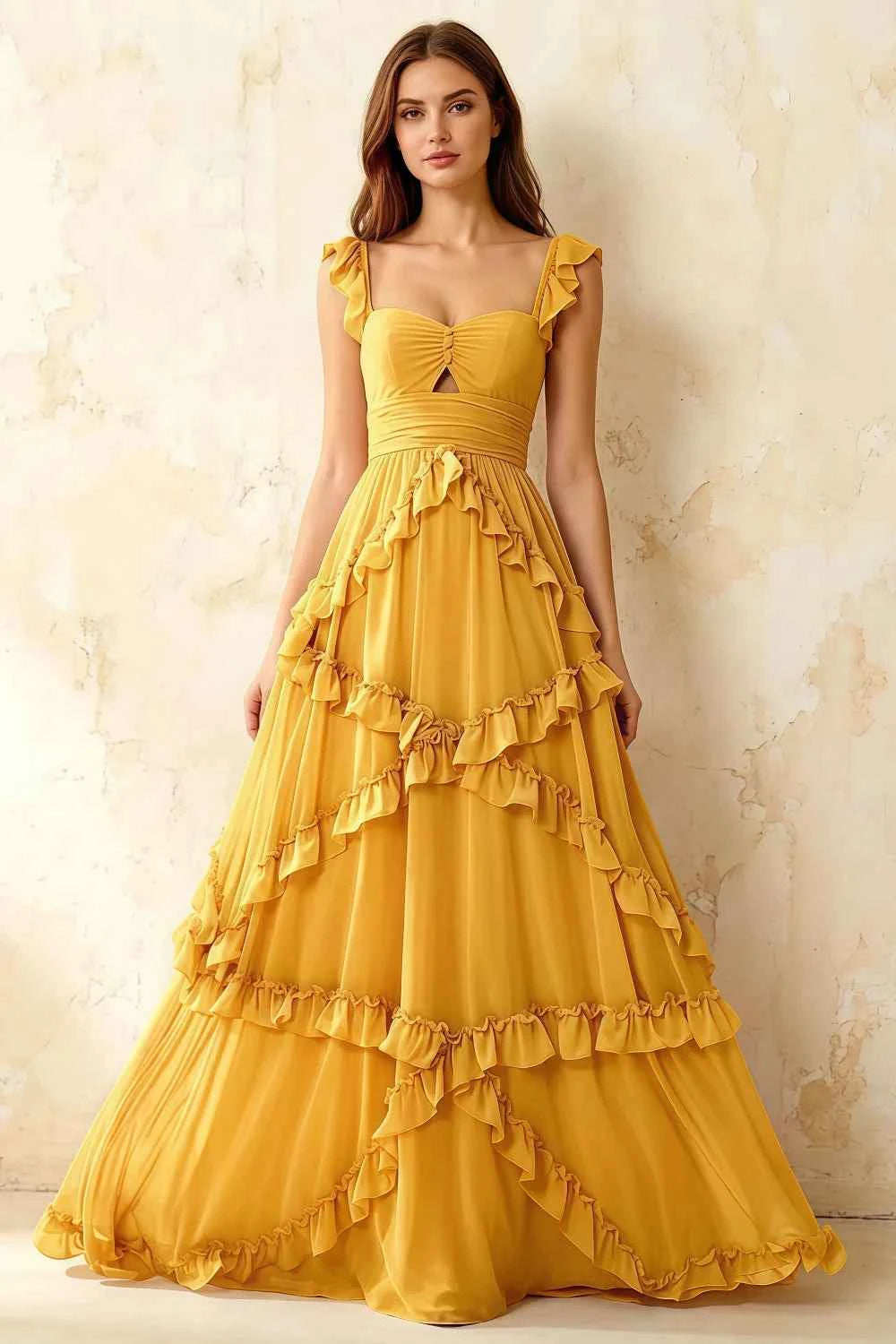 Johanna Yellow Chiffon Cutout Ruffles Maxi Dress