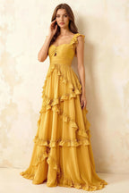 Johanna Yellow Chiffon Cutout Ruffles Maxi Dress