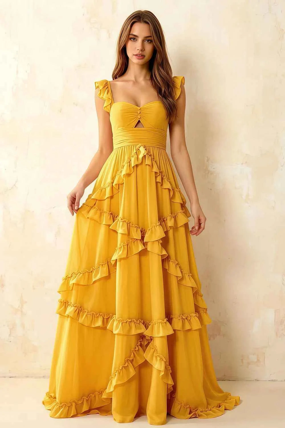 Johanna Yellow Chiffon Cutout Ruffles Maxi Dress