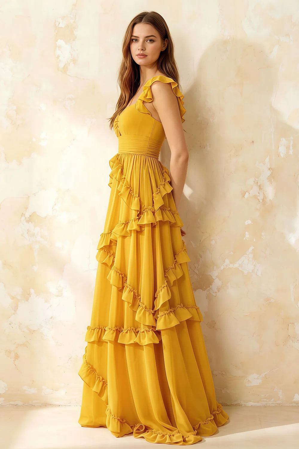 Johanna Yellow Chiffon Cutout Ruffles Maxi Dress