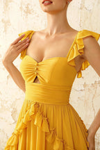 Johanna Yellow Chiffon Cutout Ruffles Maxi Dress