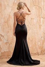 Jolene Black Satin Mermaid Scoop Neck Maxi Dress