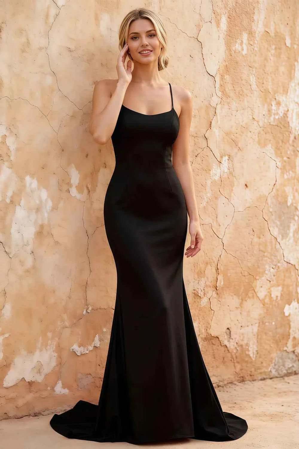 Jolene Black Satin Mermaid Scoop Neck Maxi Dress