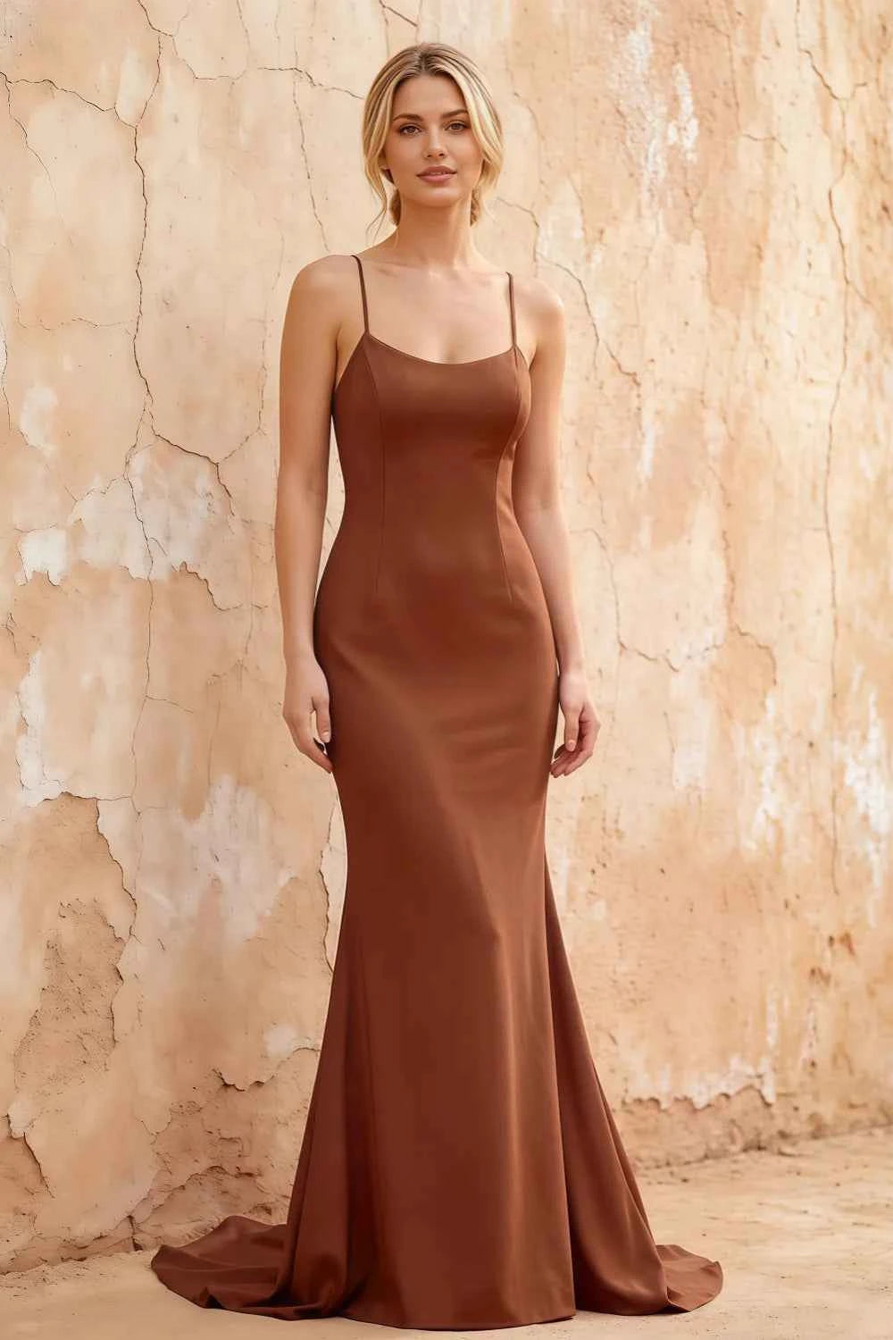Jolene Brown Satin Mermaid Scoop Neck Maxi Dress