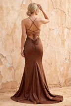 Jolene Brown Satin Mermaid Scoop Neck Maxi Dress