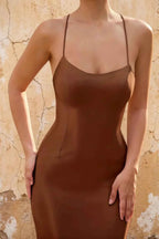 Jolene Brown Satin Mermaid Scoop Neck Maxi Dress