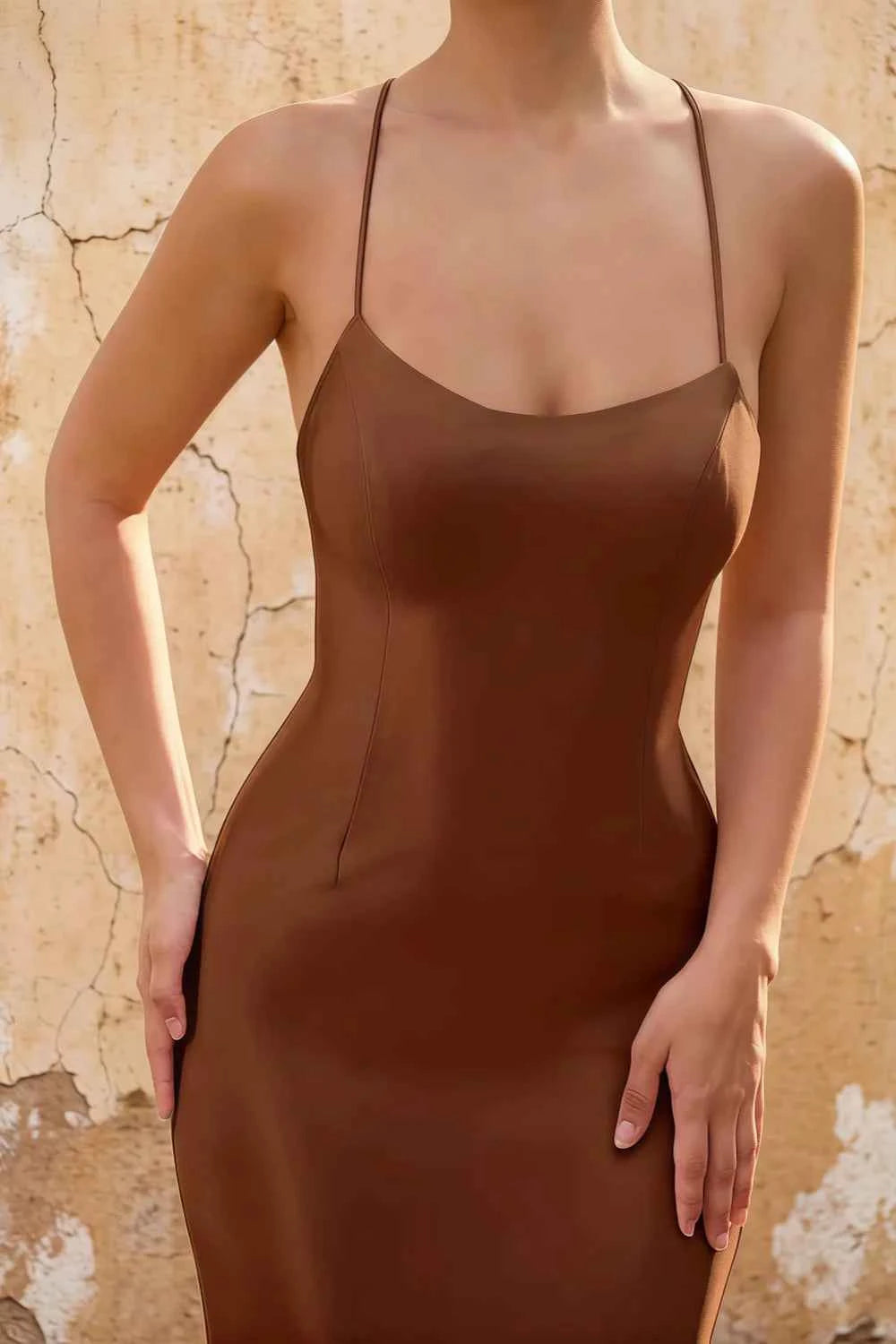 Jolene Brown Satin Mermaid Scoop Neck Maxi Dress