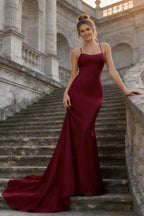 Jolene Burgundy Satin Mermaid Scoop Neck Maxi Dress