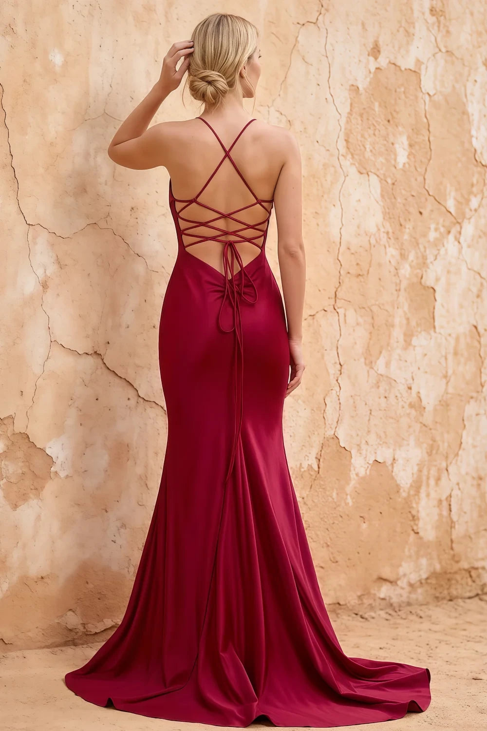 Jolene Burgundy Satin Mermaid Scoop Neck Maxi Dress