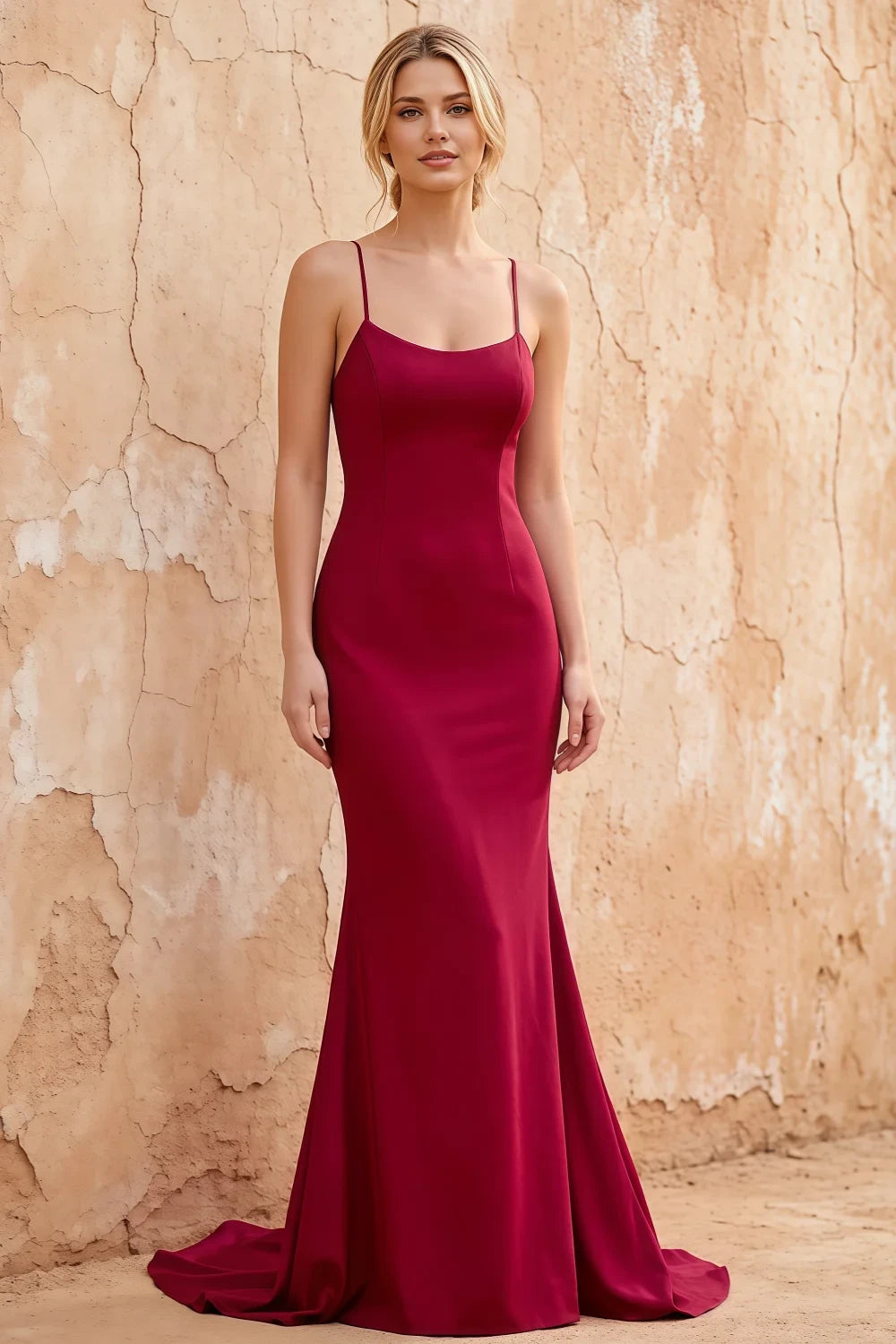 Jolene Burgundy Satin Mermaid Scoop Neck Maxi Dress