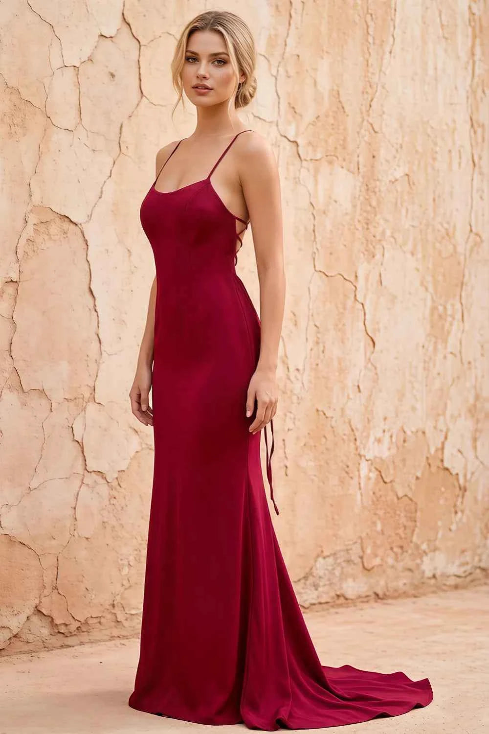 Jolene Burgundy Satin Mermaid Scoop Neck Maxi Dress