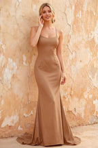 Jolene Champagne Satin Mermaid Scoop Neck Maxi Dress