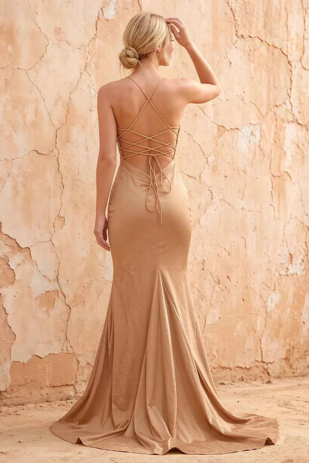 Jolene Champagne Satin Mermaid Scoop Neck Maxi Dress
