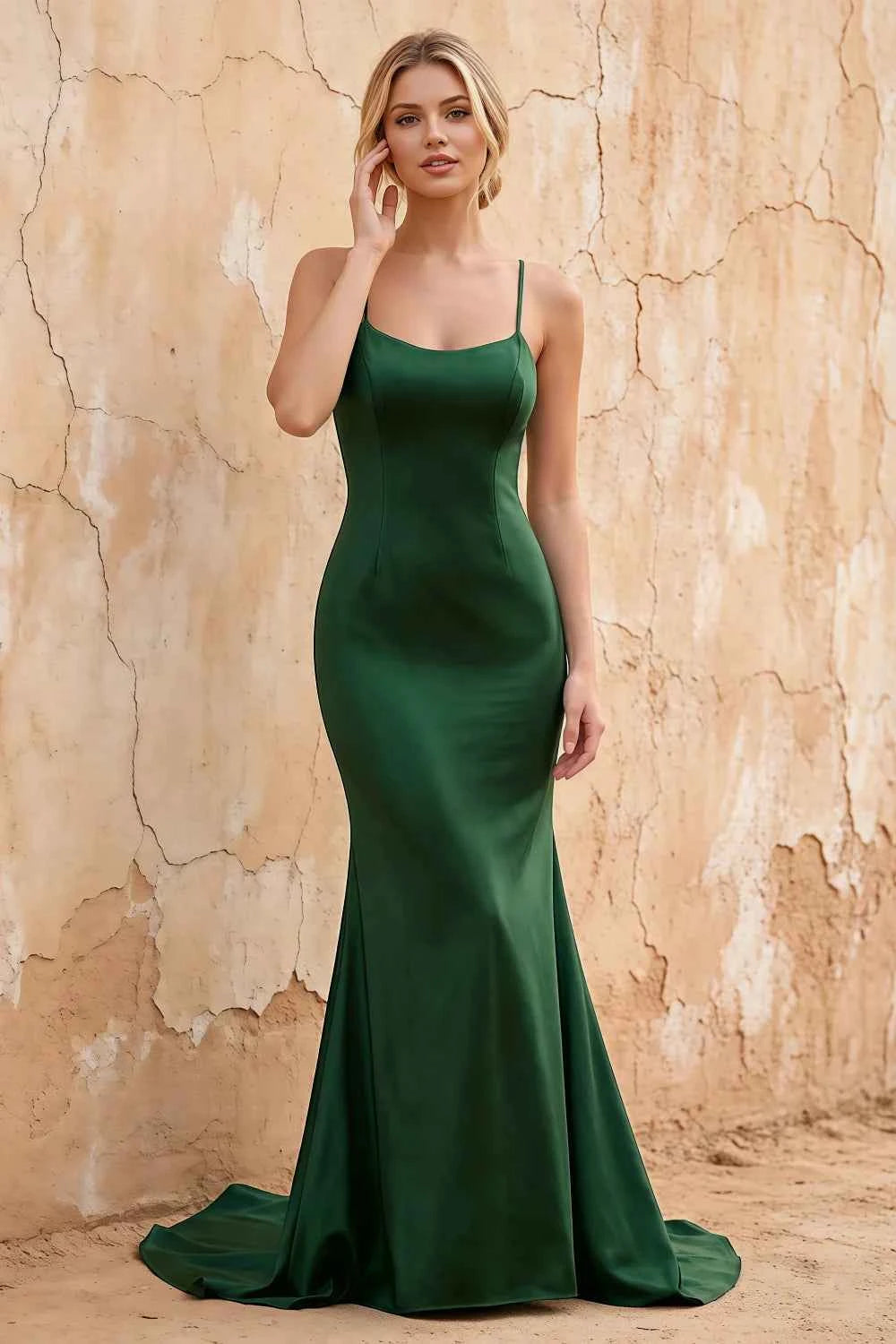 Jolene Dark Green Satin Mermaid Scoop Neck Maxi Dress