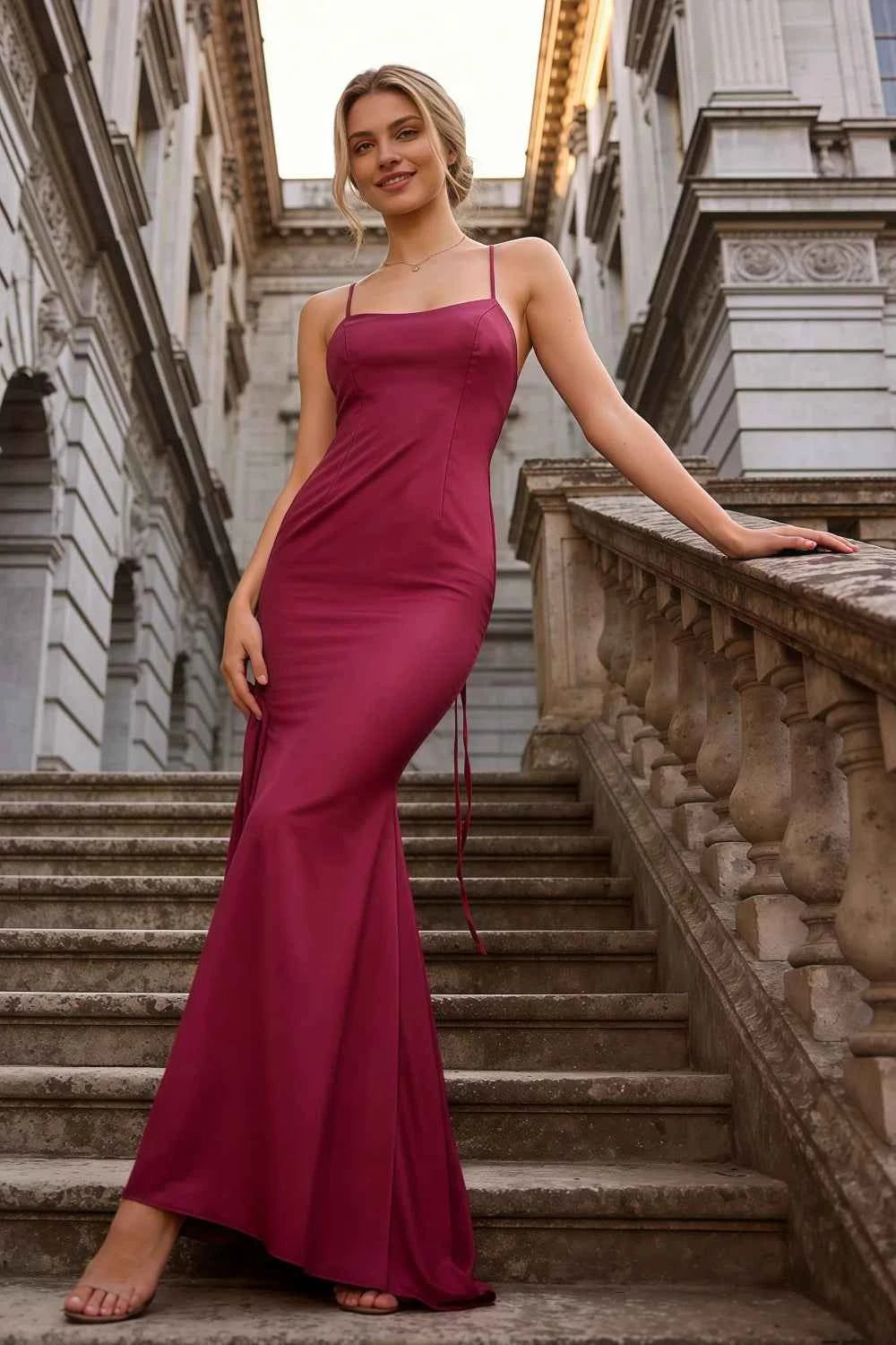 Jolene Fuchsia Satin Mermaid Scoop Neck Maxi Dress