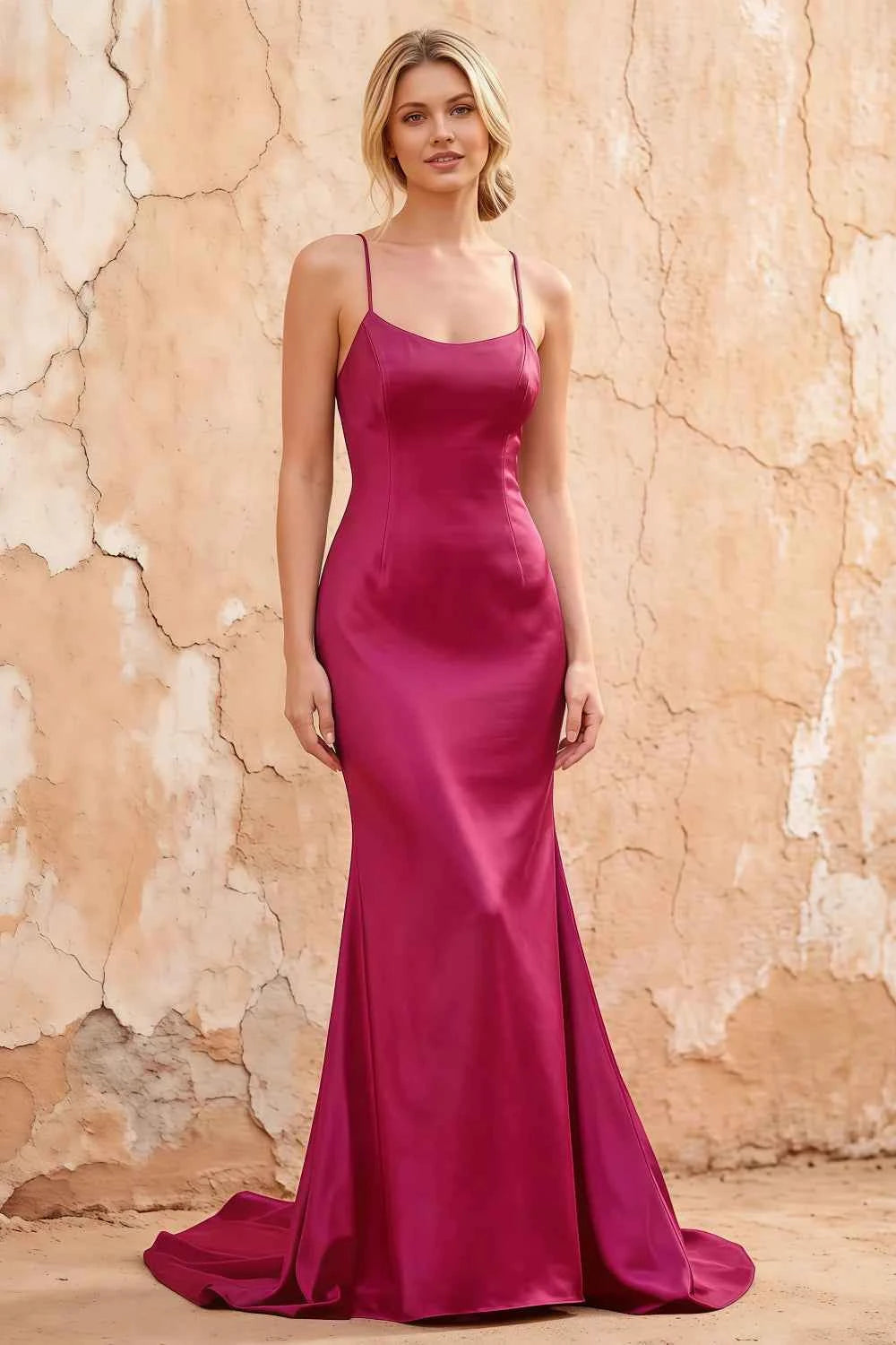 Jolene Fuchsia Satin Mermaid Scoop Neck Maxi Dress