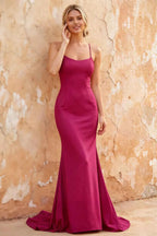 Jolene Fuchsia Satin Mermaid Scoop Neck Maxi Dress