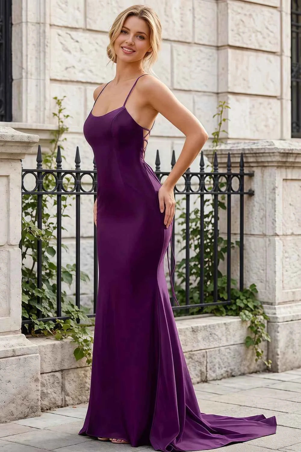 Jolene Grape Satin Mermaid Scoop Neck Maxi Dress