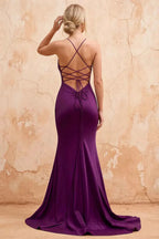Jolene Grape Satin Mermaid Scoop Neck Maxi Dress