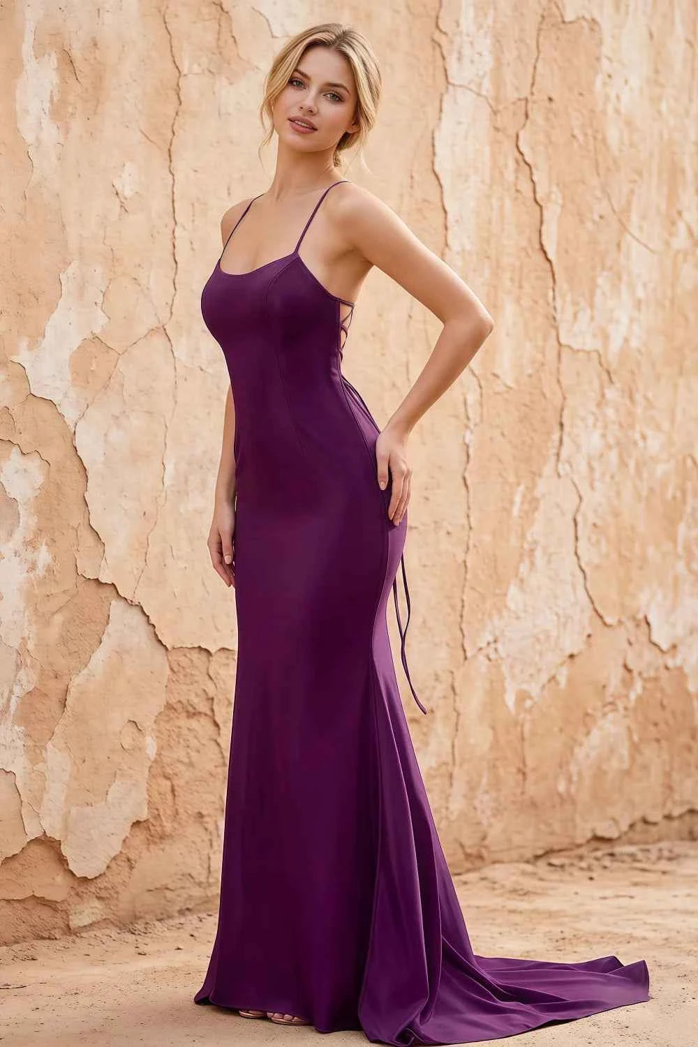 Jolene Grape Satin Mermaid Scoop Neck Maxi Dress