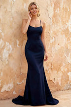 Jolene Navy Blue Satin Mermaid Scoop Neck Maxi Dress