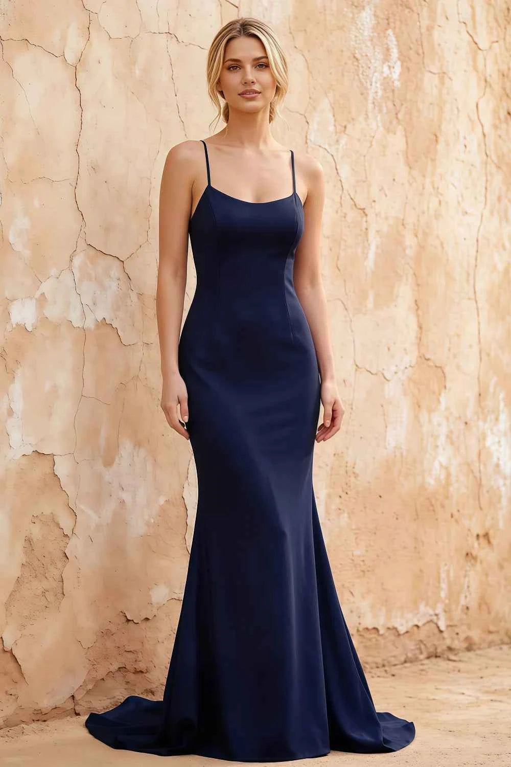 Jolene Navy Blue Satin Mermaid Scoop Neck Maxi Dress
