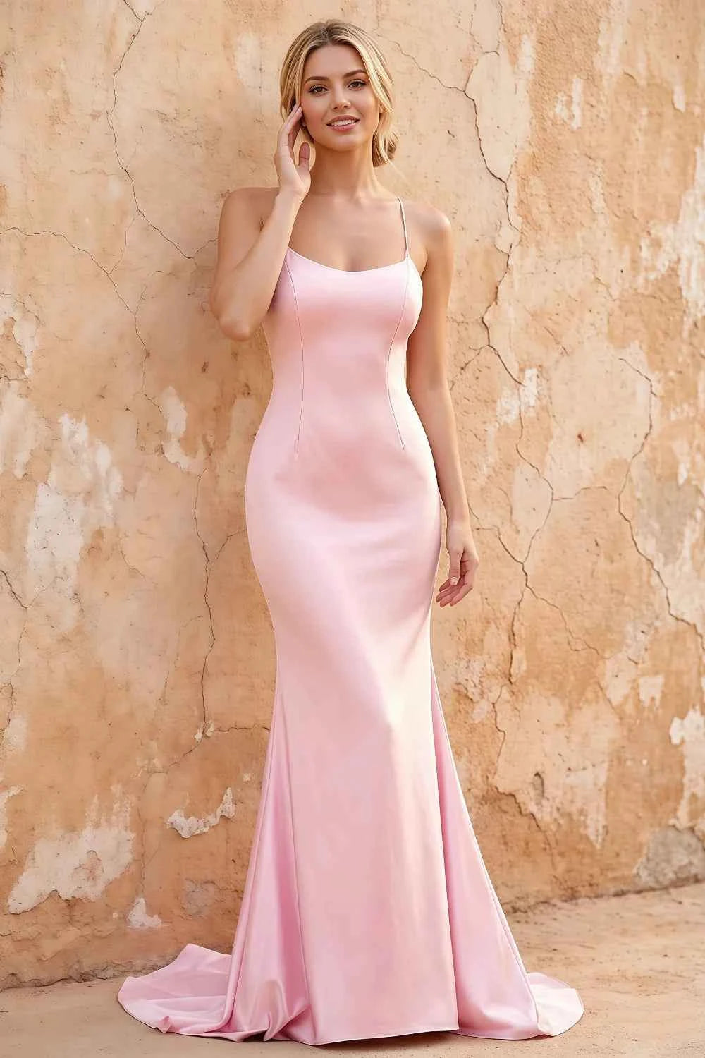 Jolene Pink Satin Mermaid Scoop Neck Maxi Dress