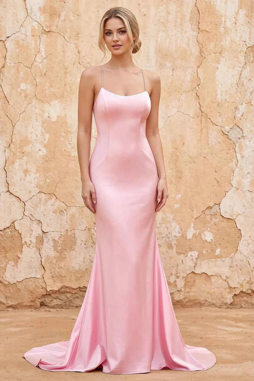 Jolene Pink Satin Mermaid Scoop Neck Maxi Dress